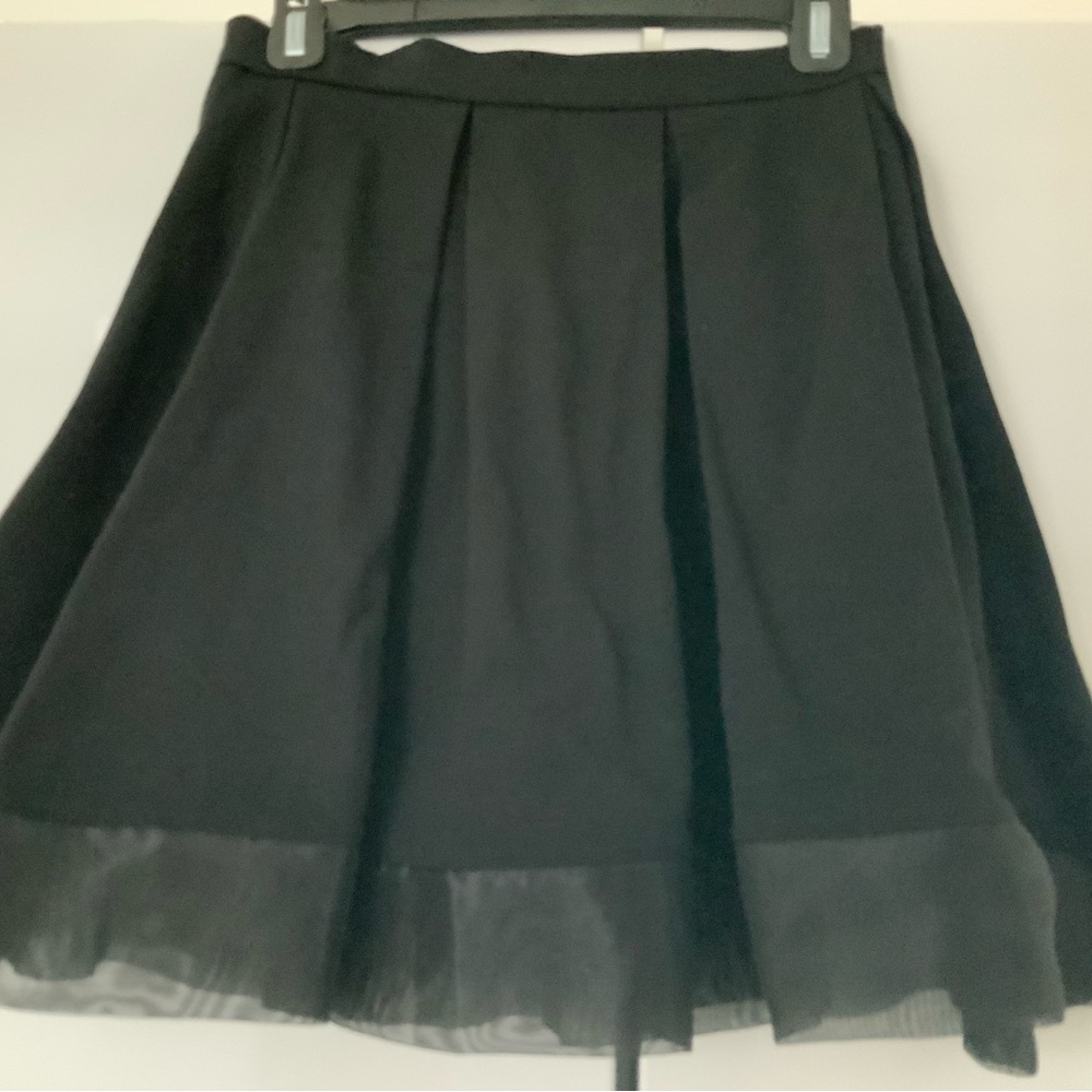 Bloomingdale’s Aqua Black Pleated Skirt, Small, with Sheer Band at Hem